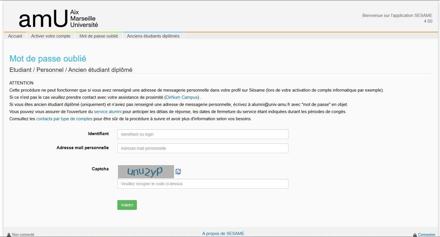 ENT Aix-Marseille Mot de passe oublié